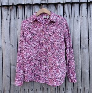 LL Bean pink floral print button down pleated front shirt Womens S